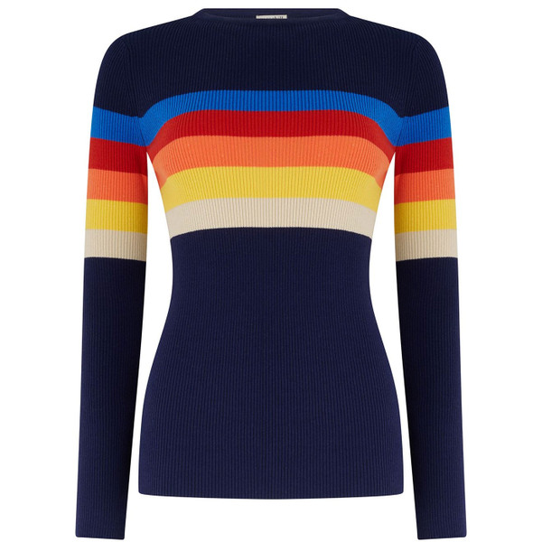 Sugarhill Brighton Cayla Rainbow Stripes Ribbed Jumper in Navy