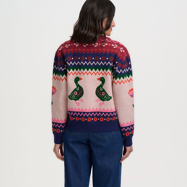 Back of Sugarhill Brighton Solana Ducks Intarsia Bomber Cardigan in Navy