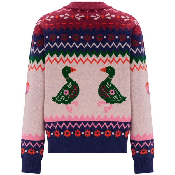 Back of Sugarhill Brighton Solana Ducks Intarsia Bomber Cardigan in Navy