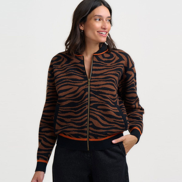 Woman wearing Sugarhill Brighton Solana Tiger Stripes Bomber Cardigan-Jacket in Brown