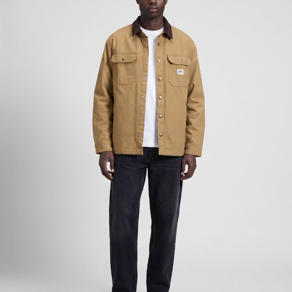 Man wearing Lee Jeans Men's Retro Workwear Overshirt in Dark Khaki