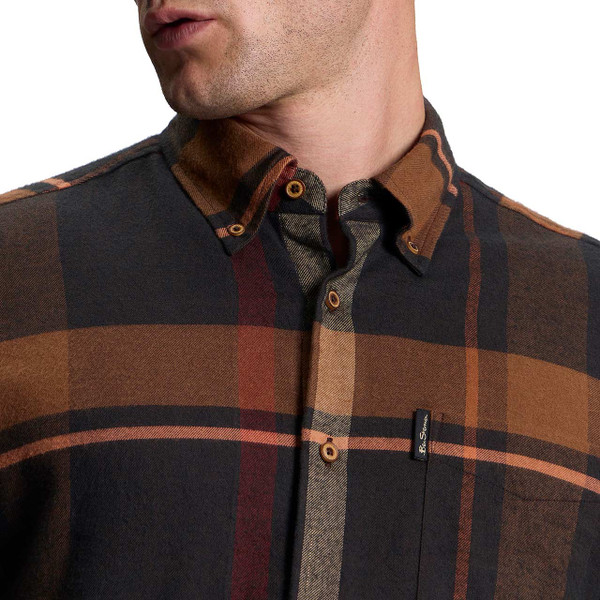 Model Wearing Ben Sherman Oversized Brushed Check Overshirt in Dark Brown - Collar Detail