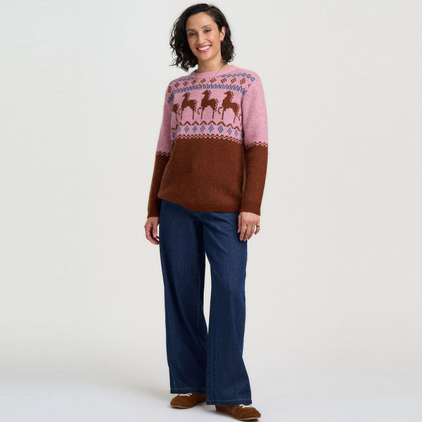 Woman wearing Sugarhill Brighton Devin Folk Horses Double Knit Jumper in Pink/Brown