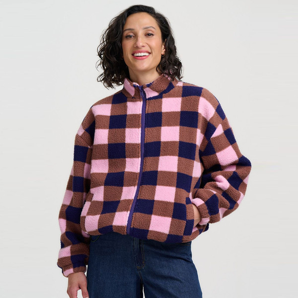 Woman wearing Sugarhill Brighton Hartley Check Zip Up Fleece Jacket in Pink/Navy