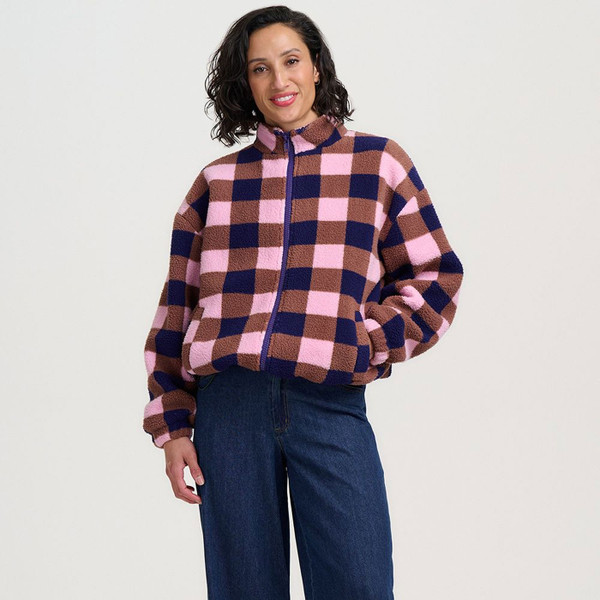 Woman wearing Sugarhill Brighton Hartley Check Zip Up Fleece Jacket in Pink/Navy