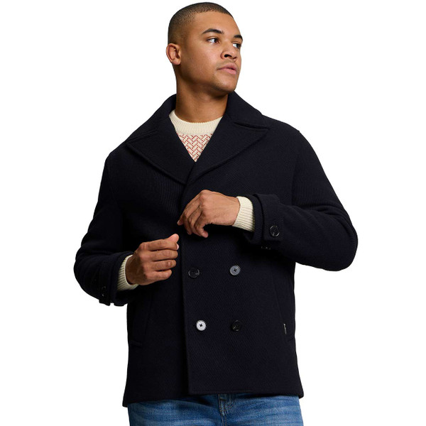 Model Wearing Ben Sherman Mod Double Breasted Peacoat in Navy - Front View