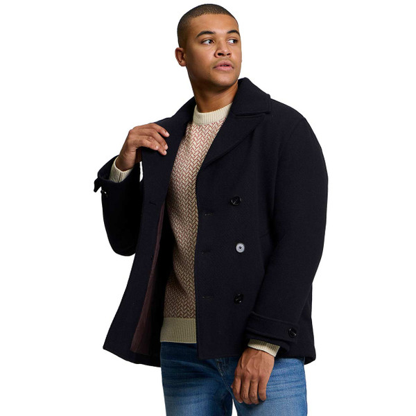 Model Wearing Ben Sherman Mod Double Breasted Peacoat in Navy - Side View