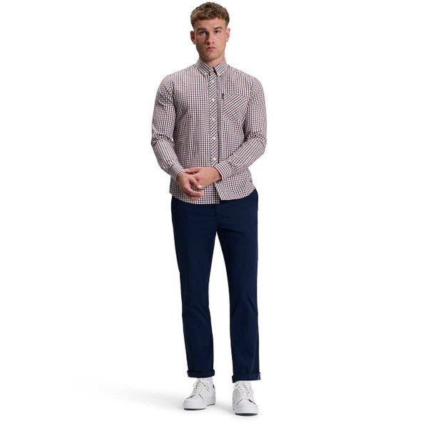 Model Wearing Ben Sherman Slim Stretch Chino Trousers Navy with House Check Shirt