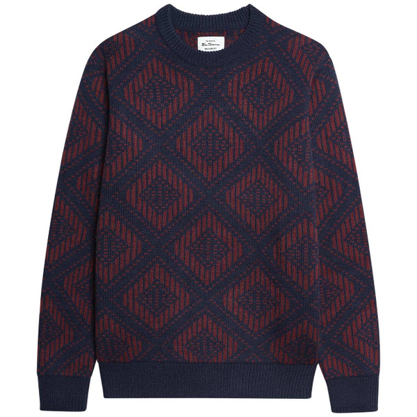 Ben Sherman Jacquard Diamond Jumper in Dark Navy - Front View