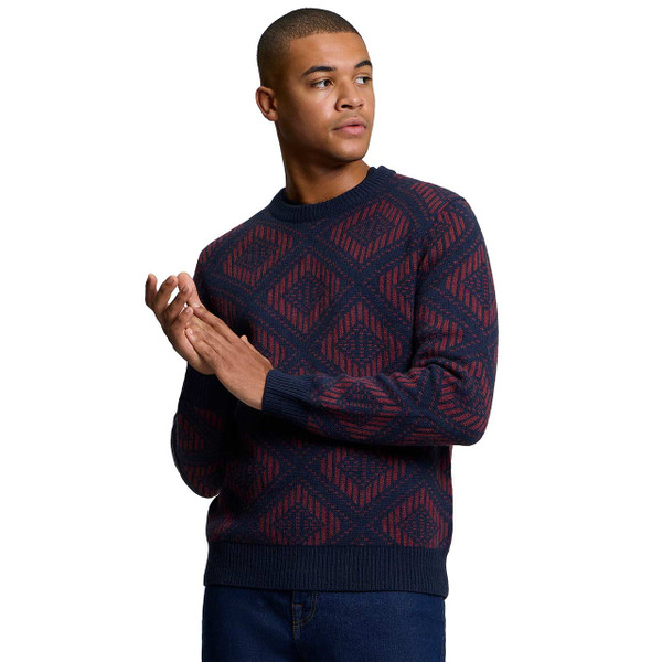 Model Wearing Ben Sherman Jacquard Diamond Jumper in Dark Navy - Front View