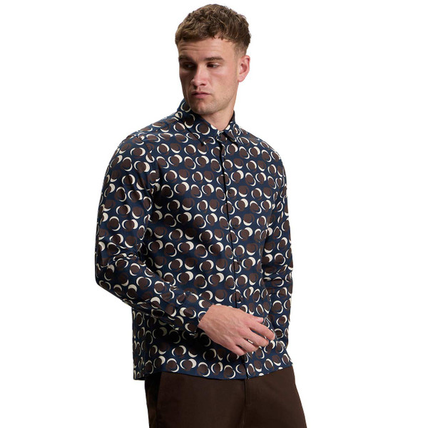Model Wearing the Ben Sherman 60s Mod Abstract Polka Dot Shirt Dark Navy - Front View
