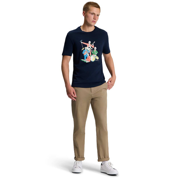Model Wearing Ben Sherman Retro 60s Rock Band T-shirt Dark Navy with Chino Trousers
