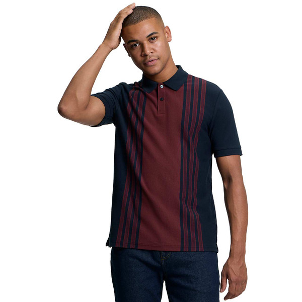 Model Wearing Ben Sherman Birdseye Stripe Polo Shirt Dark Navy - Front View