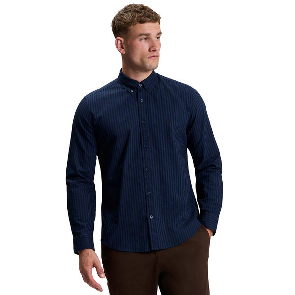 Model Wearing Ben Sherman Oxford Stripe Button Down Shirt Dark Navy - Front View
