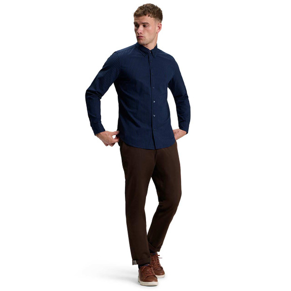 Model Wearing Ben Sherman Oxford Stripe Button Down Shirt Dark Navy with Trousers