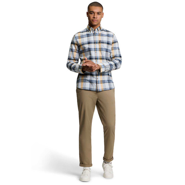 Model Wearing Ben Sherman Irregular Check Button Down Shirt Light Blue with Chinos
