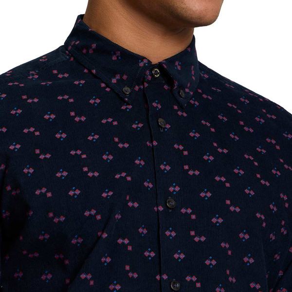 Ben Sherman Geo Print Corduroy Shirt Dark Navy - Collar Detail