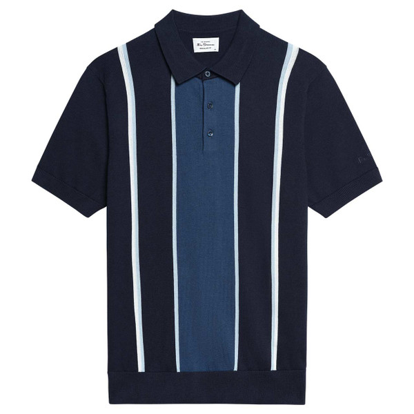 Ben Sherman Mod Stripe Knitted Polo Shirt Dark Navy - Front View