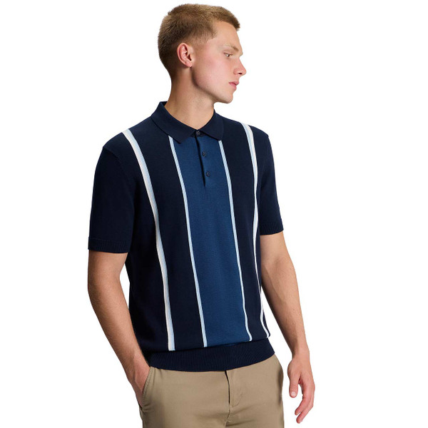 Model Wearing Ben Sherman Mod Stripe Knitted Polo Shirt Dark Navy - Front View