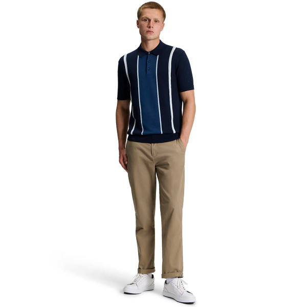 Model Wearing Ben Sherman Mod Stripe Knitted Polo Shirt Dark Navy with Chinos