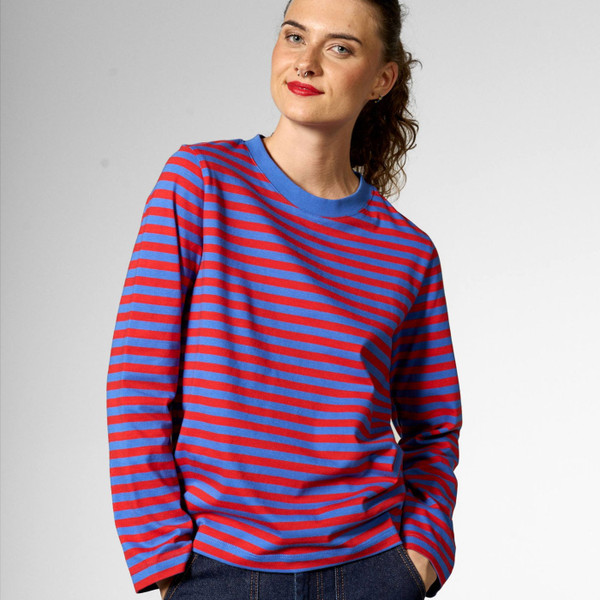 Woman wearing Mademoiselle Yeye The Everyday Long Sleeve Stripe Top in Blue / Red