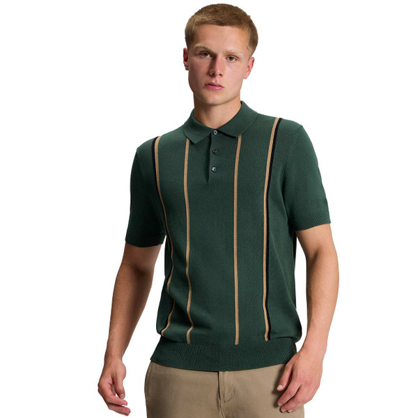 Model Wearing the Ben Sherman Mod Stripe Knitted Polo Shirt Bottle Green - Front View