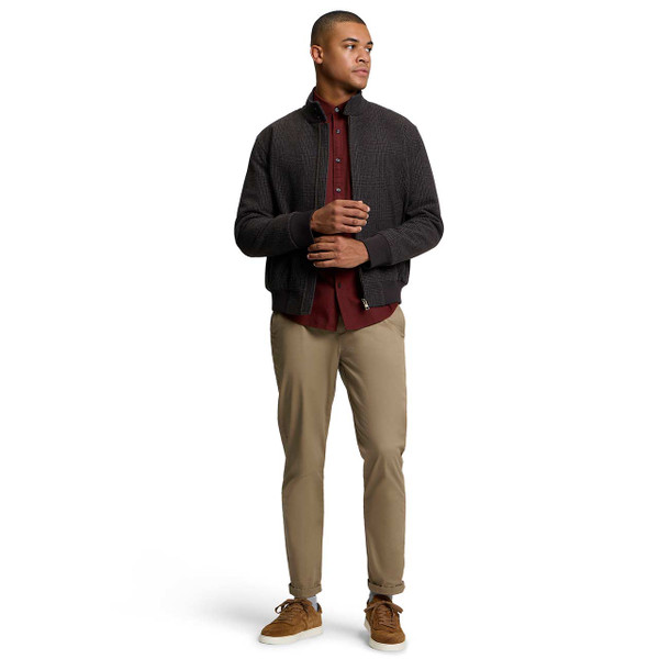 Model Wearing the Ben Sherman Wool Blend Winter Check Harrington Jacket Dark Brown with Chinos