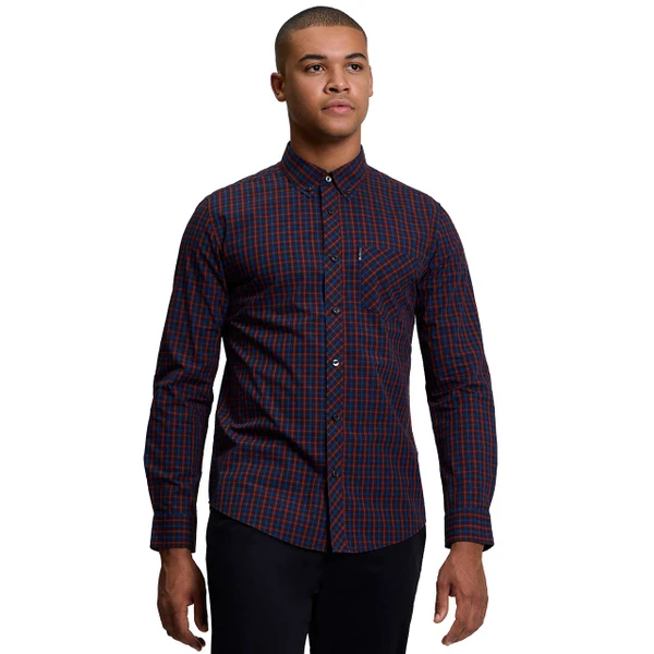Model Wearing the Ben Sherman Mod House Check Button Down Shirt Sienna - Front View