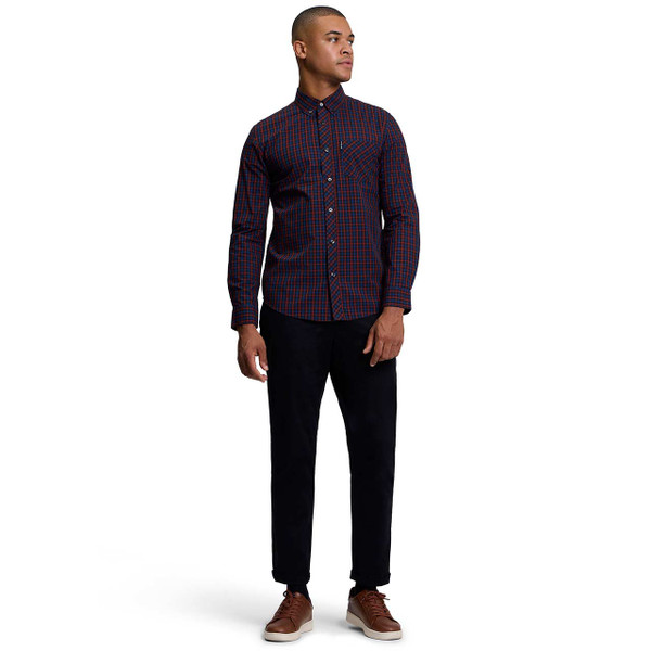 Model Wearing the Ben Sherman Mod House Check Button Down Shirt Sienna - Full Length