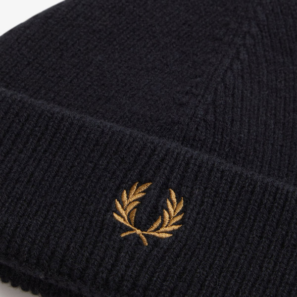 Laurel Wreath logo on Fred Perry Mens Classic Knitted Wool Beanie Hat in Black