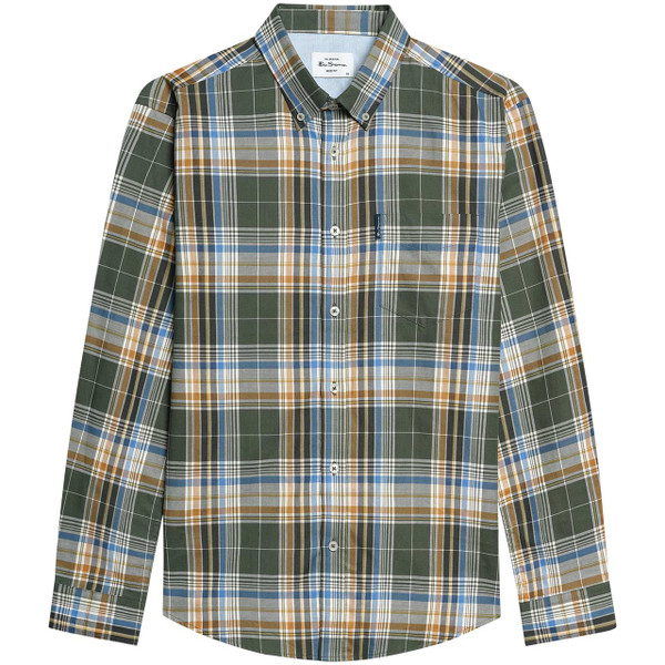 Ben Sherman Men's Mod Twill Check Button Down Shirt Bottle Green - Front View
