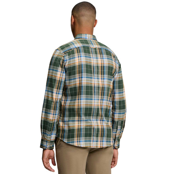Model Wearing Ben Sherman Men's Mod Twill Check Button Down Shirt Bottle Green - Back View