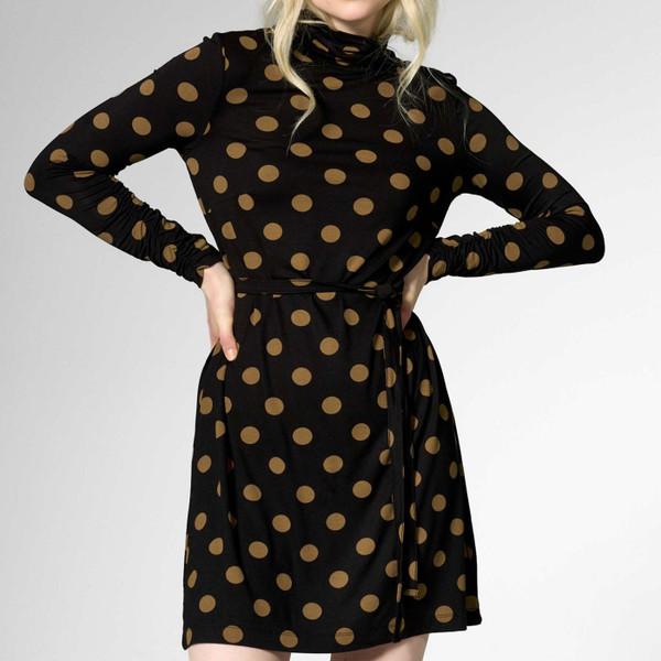 Model wearing Mademoiselle YeYe Serene Soul Polka Dot Mod Mini Dress in BlackN