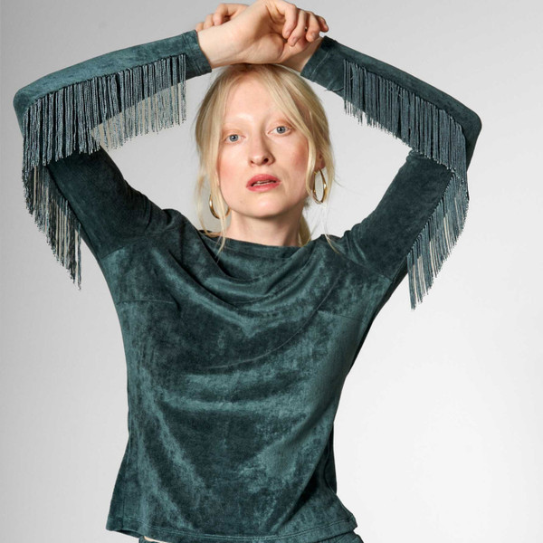 Tassel sleeves on Mademoiselle YeYe Tassel Heaven Retro 70s Velvet Top in Seaweed Green