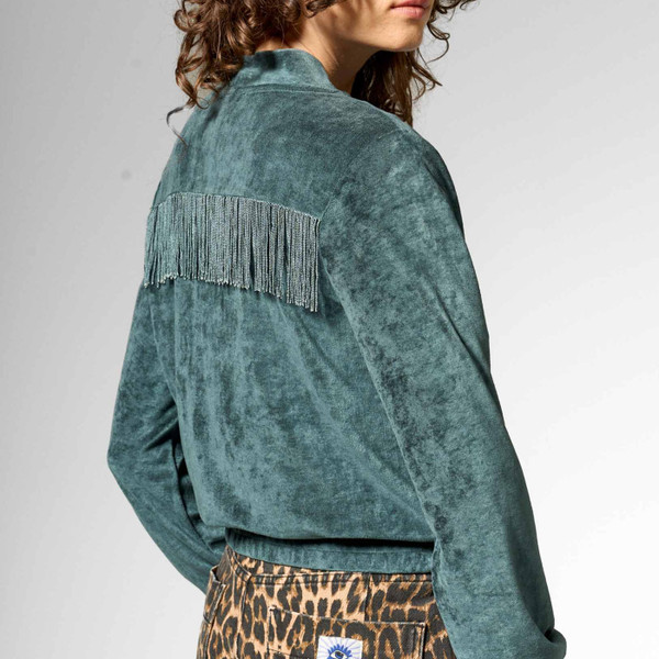 Back side of Mademoiselle YeYe Fringe Perfect Velvet Jacket in Seaweed Green