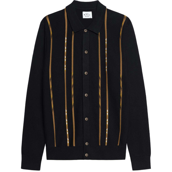 Ben Sherman Geo Stripe Knitted Polo Cardigan in Black - Front View