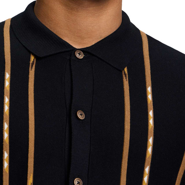 Ben Sherman Geo Stripe Knitted Polo Cardigan in Black - Collar Detail
