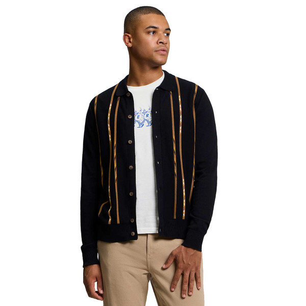Model Wearing the Ben Sherman Geo Stripe Knitted Polo Cardigan in Black - Worn Open Over Tee
