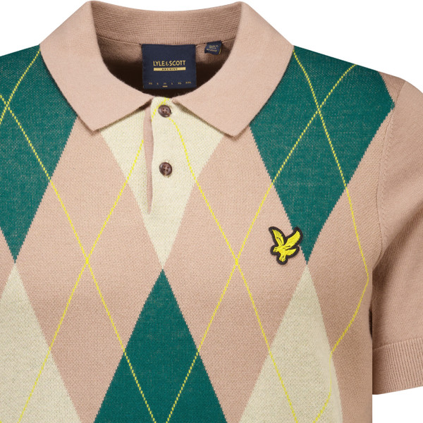 Lyle & Scott Mens Argyle Pattern Fine Knit Polo T-Shirt in Taupe Caramel