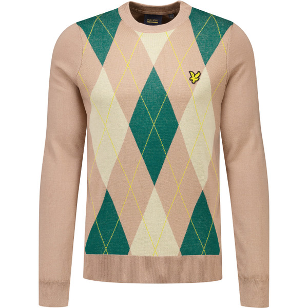 Lyle & Scott Mens Crew Neck Argyle Pattern Fine Knit Jumper in Camel Taupe