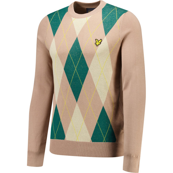 Lyle & Scott Mens Crew Neck Argyle Pattern Fine Knit Jumper in Camel Taupe