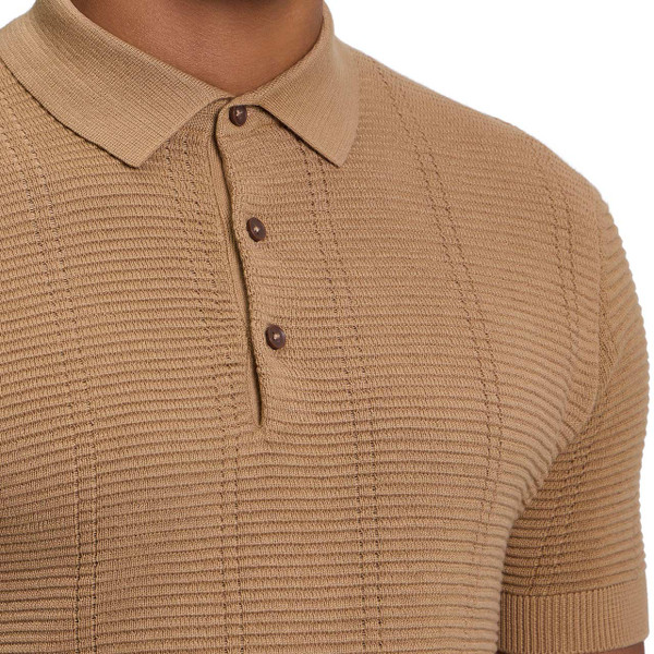 Ben Sherman Textured Ribbed Knit Polo Shirt in Biscuit - Collar Detail