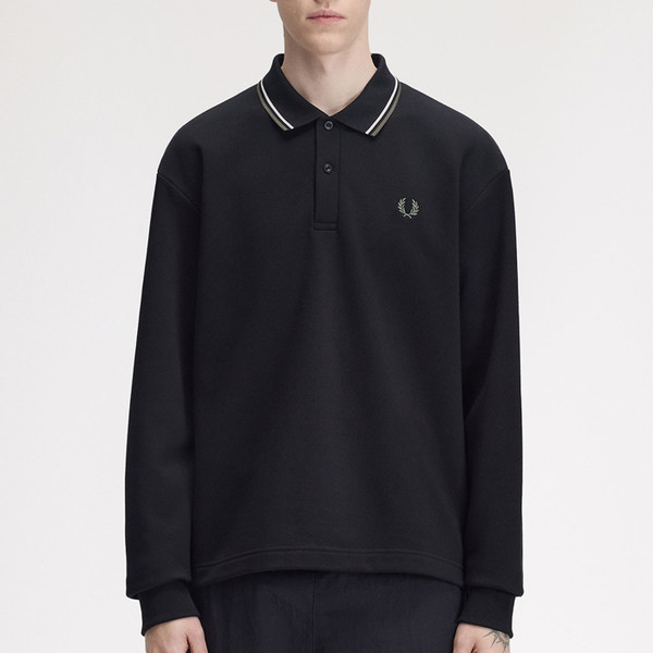 Man wearing Fred Perry Men's Tipped Polo Collared Long Sleeve Sweatshirt in Black