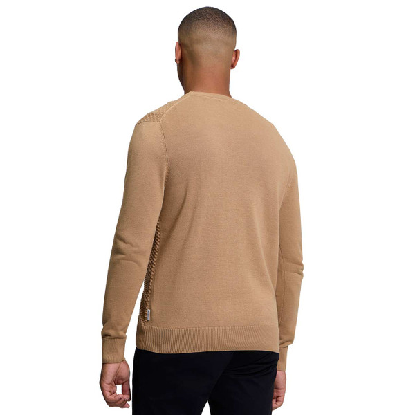 Model Wearing the Ben Sherman Texture Knit Front Crew Neck Jumper in Biscuit - Back View