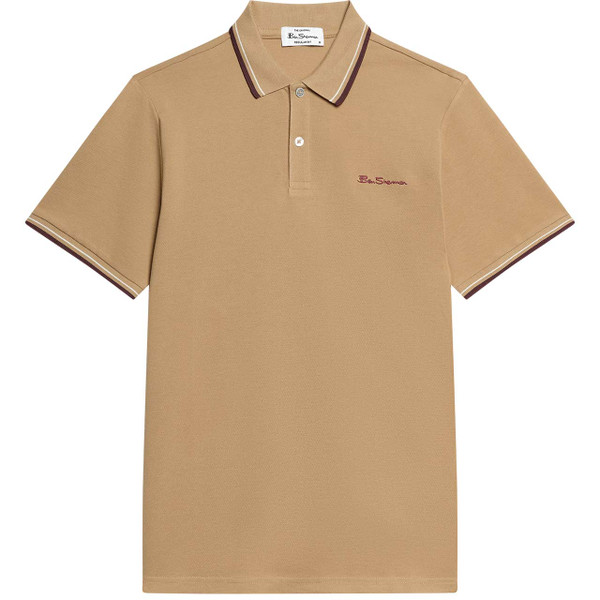 Ben Sherman Twin Tipped Mod Pique Polo Shirt Biscuit - Front View