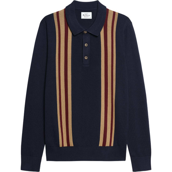 Ben Sherman Vertical Textured Stripe Knitted Polo Shirt Dark Navy - Front View