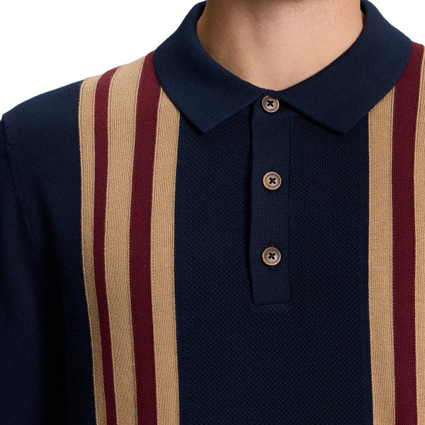Ben Sherman Vertical Textured Stripe Knitted Polo Shirt Dark Navy - Collar Detail
