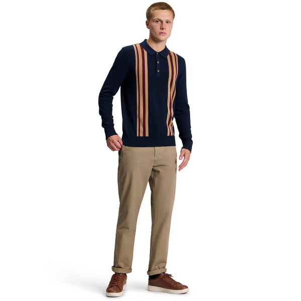 Model Wearing the Ben Sherman Vertical Textured Stripe Knitted Polo Shirt Dark Navy with Chino Trousers