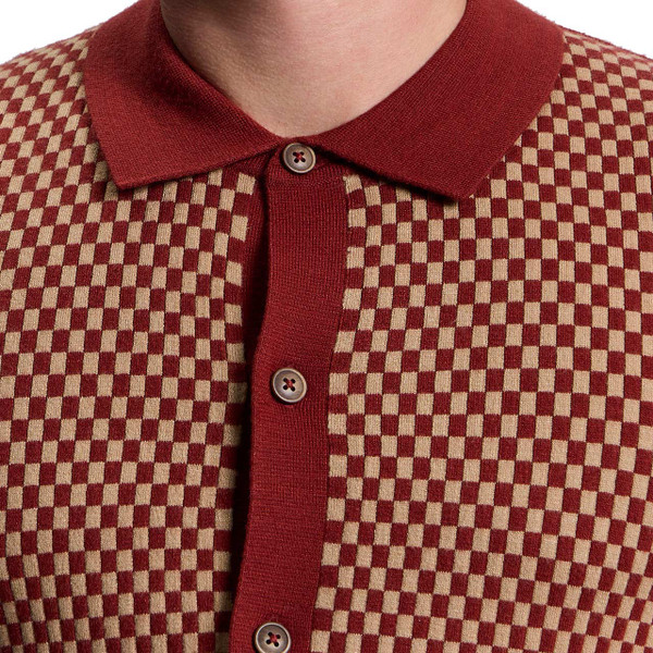 Ben Sherman Checkerboard Panel Knitted Polo Cardigan in Sienna - Collar Detail
