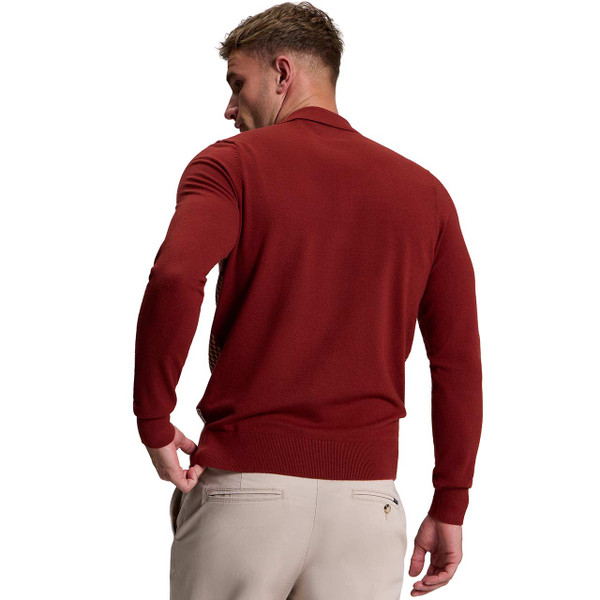 Ben Sherman Checkerboard Panel Knitted Polo Cardigan in Sienna - Back View